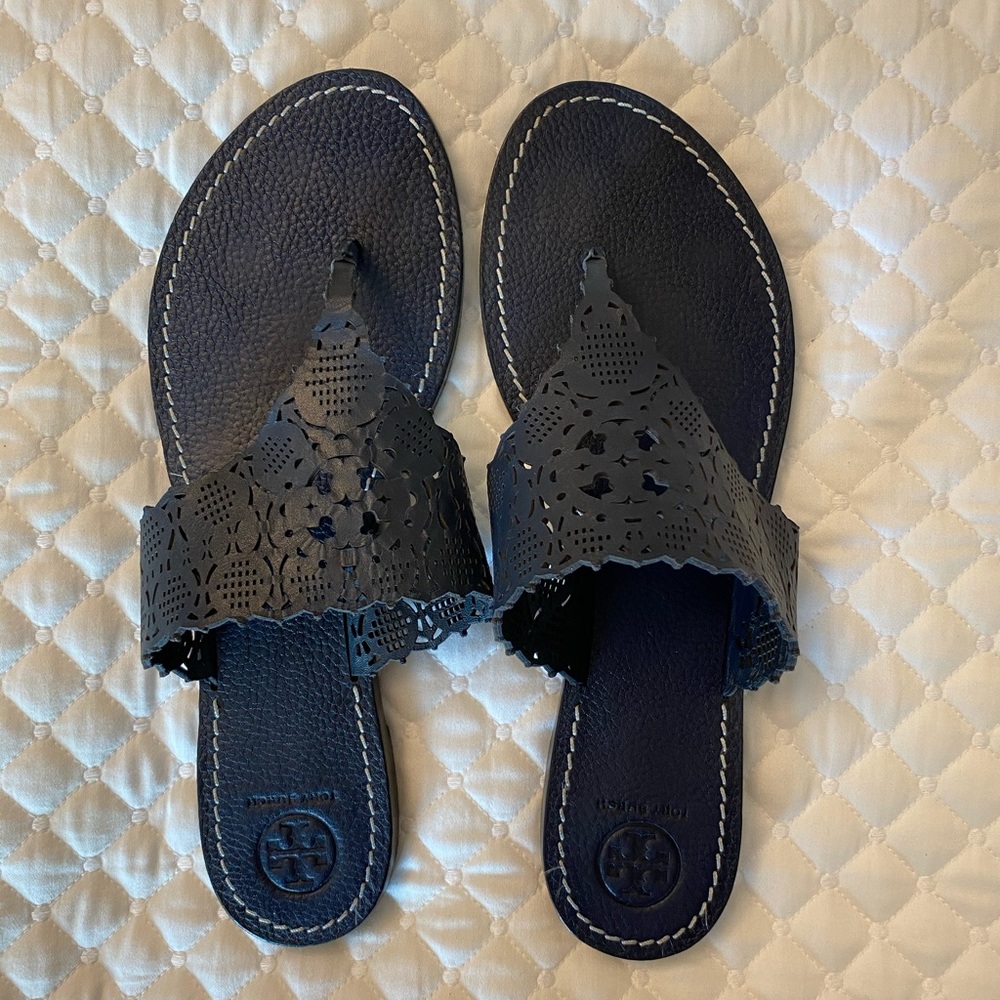 Tory Burch Black Laser-Cut Leather Sandals